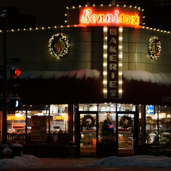 Picture of Bennison's Bakery at night with holiday decorations